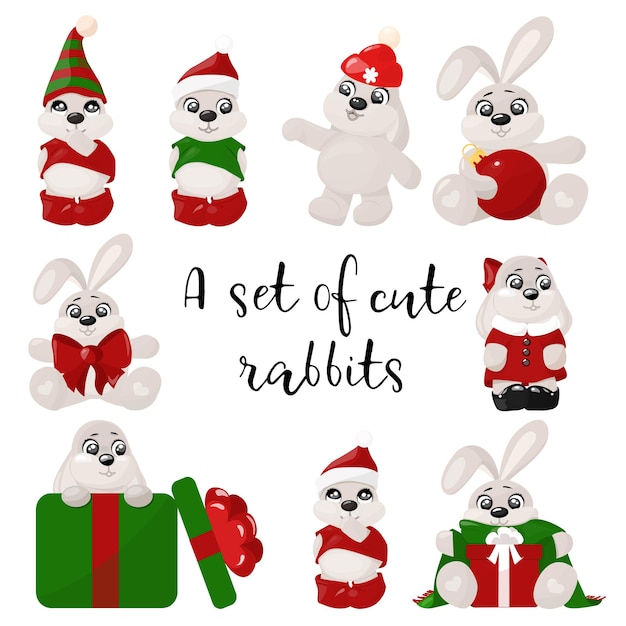 Un conjunto de 9 conejos con juguetes navideños y gorros de duende. dibujos animados. conejo lindo. ilustración infantil. ilustración de año nuevo