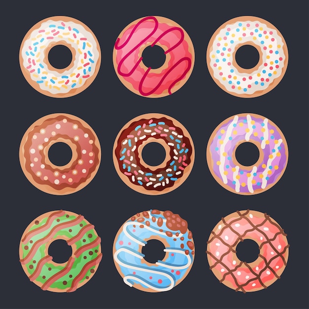 Conjunto de 9 donas de colores de dibujos animados con glaseado blanco, rosa y chocolate y chispitas