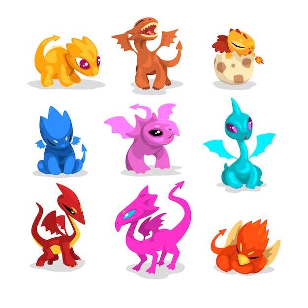 Vector conjunto de 9 dragones de colores brillantes en estilo plano personajes de dibujos animados de monstruos míticos elementos gráficos para juegos móviles niños libro o camiseta impresión diseño vectorial aislado sobre fondo blanco