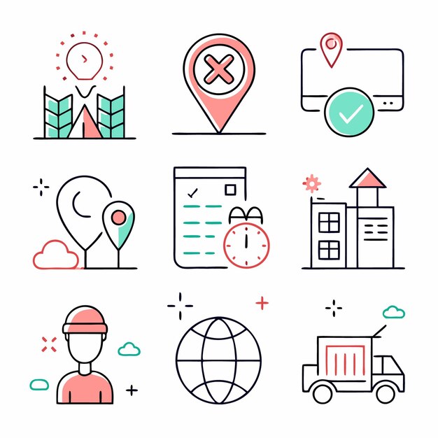 Conjunto de 9 iconos de contorno coloridos idea ubicación entrega lista de comprobación tiempo construcción usuario y globo