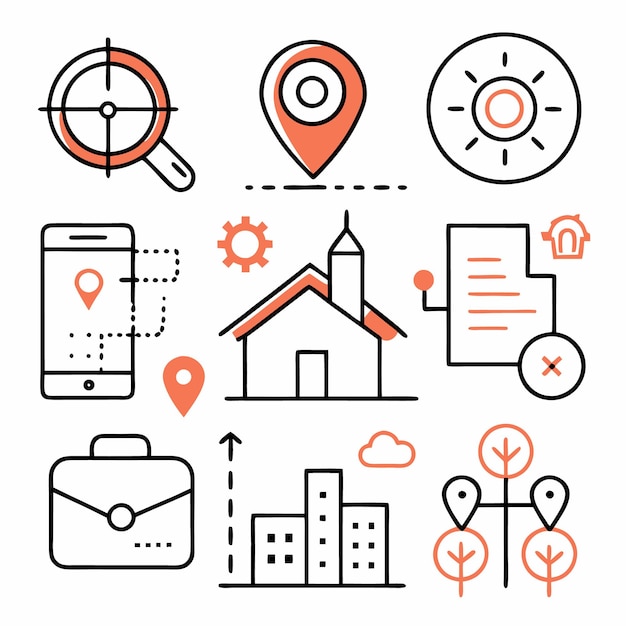 Conjunto de 9 iconos de contorno relacionados con la ubicación y la navegación