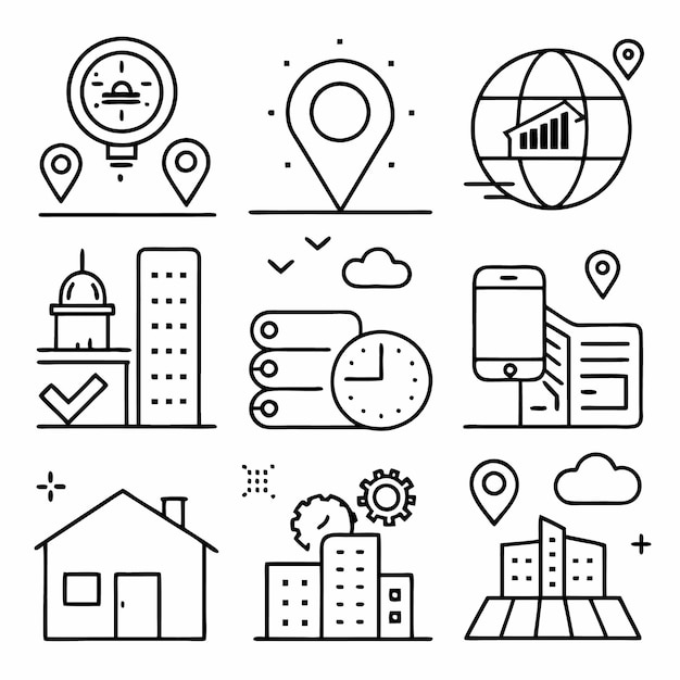 Conjunto de 9 iconos de contorno en la ubicación y el reloj del negocio