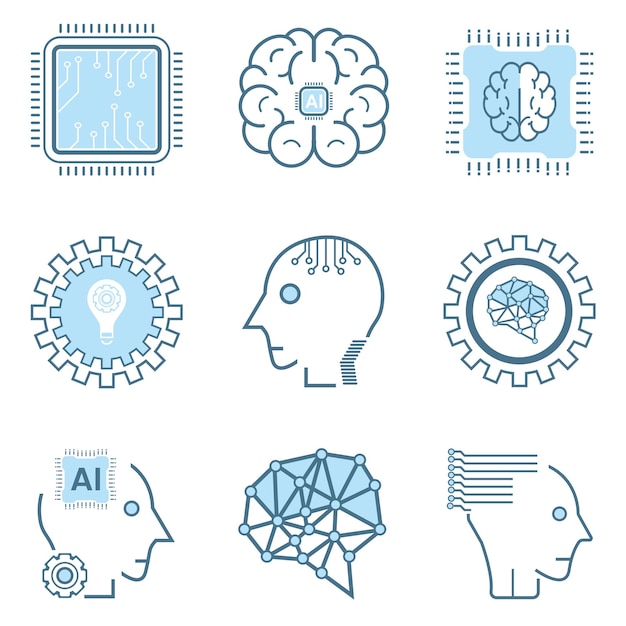 Conjunto de 9 íconos de inteligencia artificial colección de símbolos aislados alineados máquina icono de IA inteligente