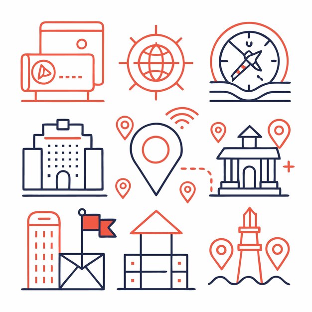 Conjunto de 9 iconos de línea relacionados con la navegación de la ubicación y los viajes