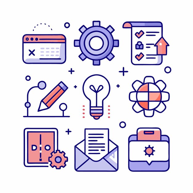 Conjunto de 9 iconos de línea relacionados con el negocio y el desarrollo