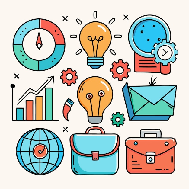 Un conjunto de 9 ilustraciones coloridas que representan conceptos de negocios y tecnología Los íconos representan el progreso ideas tiempo comunicación alcance global trabajo y más