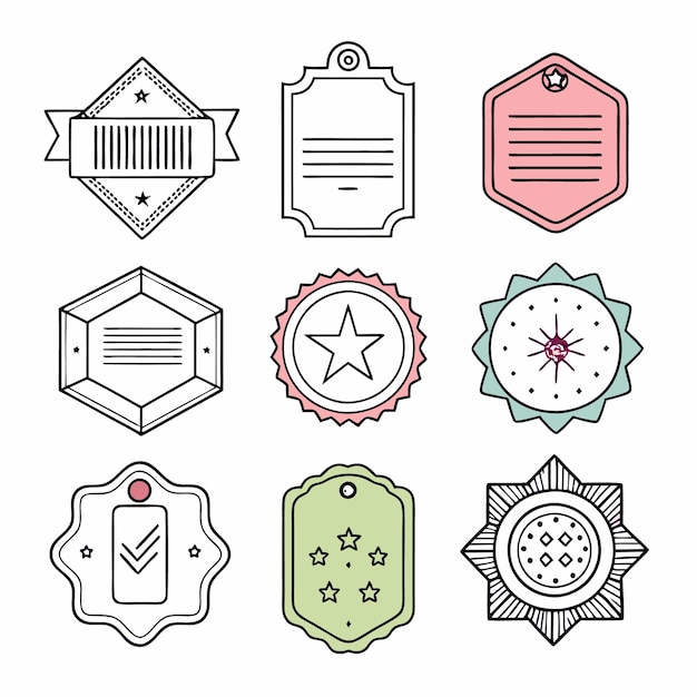 Conjunto de 9 insignias de arte de línea dibujadas a mano con estrellas