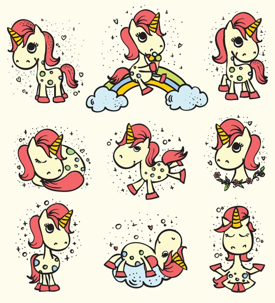 Conjunto de 9 lindos unicornios mágicos de garabatos para el cartel de impresión de camiseta de diseño de tarjeta de felicitación para niños