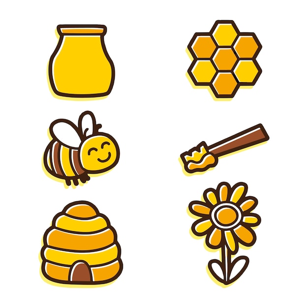 conjunto, de, abejas, y, miel, iconos