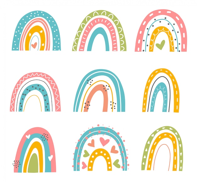 Conjunto abstracto del arco iris. Arco iris dibujado a mano en estilo escandinavo minimalista. Bebé moderno, ilustraciones para niños. Arco iris en diferentes formas. Arte contemporáneo colorido