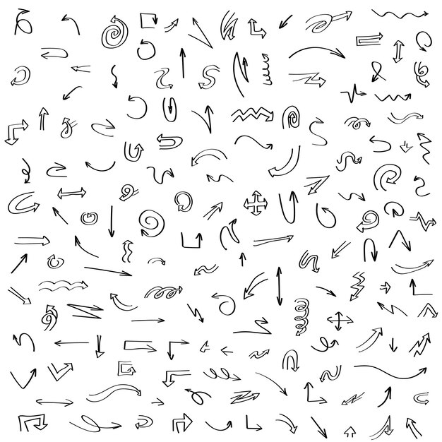 Conjunto Abstracto Colección Negra Dibujado a mano Diferentes flechas Elementos Diseño vectorial Esbozo Estilo Doodle