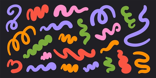Conjunto abstracto de coloridas formas onduladas retro groovy en un fondo negro Ilustración vectorial