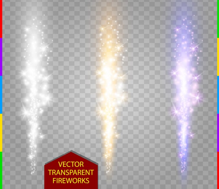 Vector conjunto abstracto de fuegos artificiales. fuente de chispas de luz efecto especial. espumoso pilar de fuego de color blanco, dorado y morado sobre fondo transparente. colección de luces navideñas.