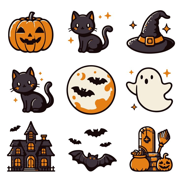 Conjunto abstracto de Halloween feliz Colección de siluetas vectoriales mágicas aterradoras Ilustración