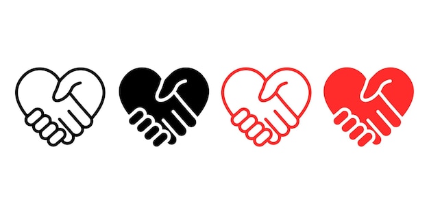 Conjunto abstracto con iconos de vector de corazón de apretones de manos rojos y negros. Firma íconos de amistad o asociación.