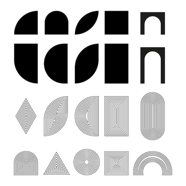 El conjunto abstracto presenta una variedad de formas geométricas que combinan elementos del brutalismo Bauhaus