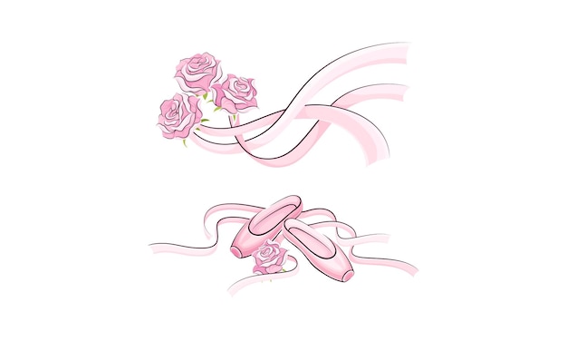 Conjunto de accesorios para bailarina Puntos rosados y flores de rosa con arco Ilustración vectorial dibujada a mano