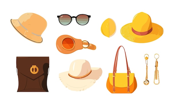 Vector conjunto de accesorios bolso de la cintura de las mujeres bolsos bolsos elegantes gafas gafas moderno sombrero de verano gorra pendiente aislado sobre fondo blanco ilustración de dibujos animados vectoriales