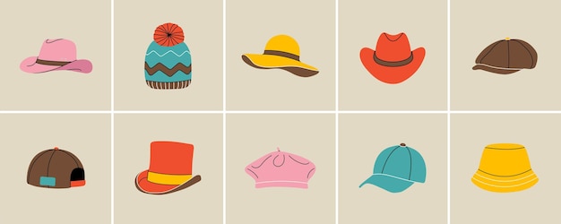 Conjunto de accesorios para la cabeza ilustración de estilo plano de gorra de béisbol sombrero boina de panamá sombrero de vaquero