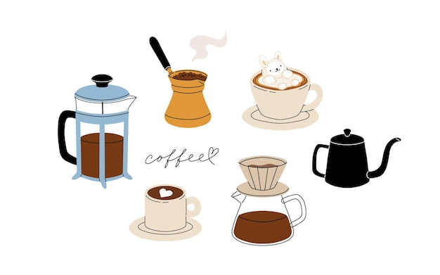 Conjunto de accesorios de café y métodos de elaboración de café Fabricantes de café filtro de prensa francesa café turco chemex olla moka Equipo de café para bebidas calientes de energía matutina Conjunto vectorial de dibujos animados plano