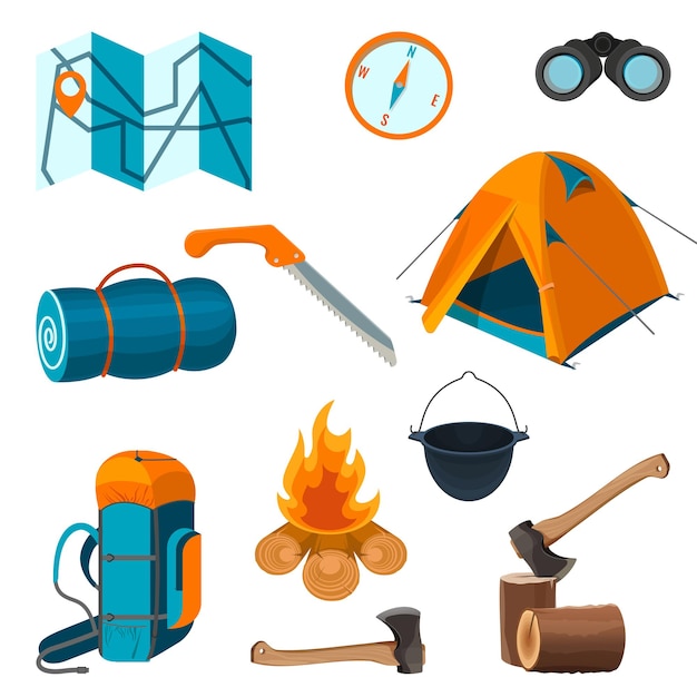 Vector conjunto de accesorios para camping, descanso y actividades de senderismo aislado sobre fondo blanco. elementos para picnic en la ilustración de vector de aire fresco