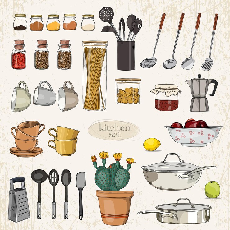 Vector conjunto de accesorios de cocina de estilo retro