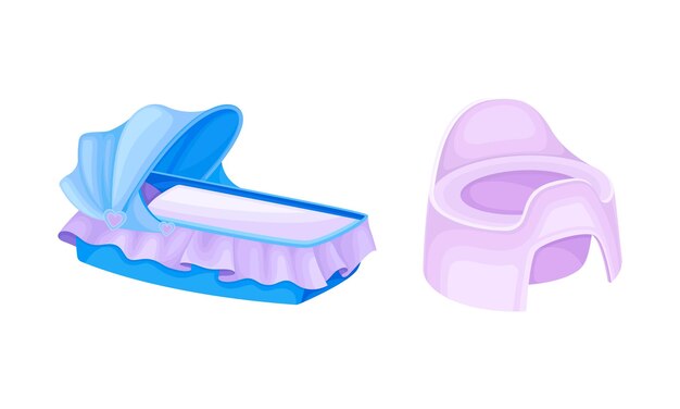 Conjunto de accesorios para el cuidado del bebé recién nacido Cuna de bebé y baño Ilustración vectorial de dibujos animados