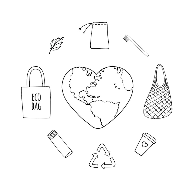 Conjunto de accesorios ecológicos sin desperdicio dibujados a mano y corazón Tierra
