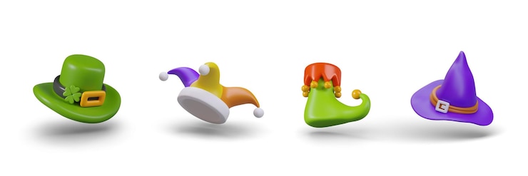 Vector conjunto de accesorios para fiesta de disfraces mascarada vector 3d sombrero de duende payaso botas de elfo brujo
