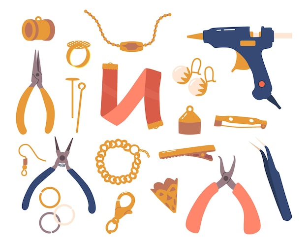 Conjunto de accesorios de joyería y herramientas para la fabricación y reparación de bisutería Variedad de componentes esenciales Ilustración vectorial