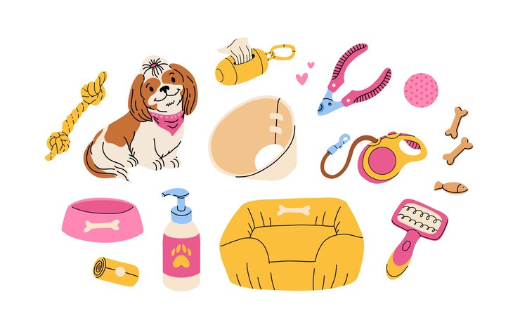 Vector conjunto de accesorios y juguetes para perros para tiendas de cachorros productos alimenticios y de cuidado veterinario ropa y camas para perros ilustración vectorial aislada sobre fondo blanco