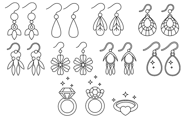 Conjunto de accesorios de moda pendientes anillo garabateo página de colorear aislado en fondo blanco