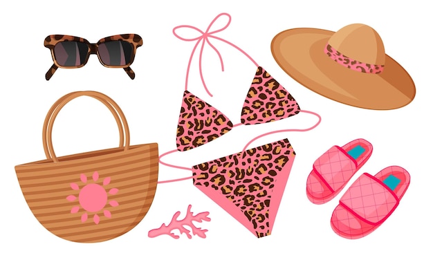 Vector conjunto de accesorios de moda del sol conjunto de verano leopardo rosa traje de baño sombrero zapatillas y gafas de sol