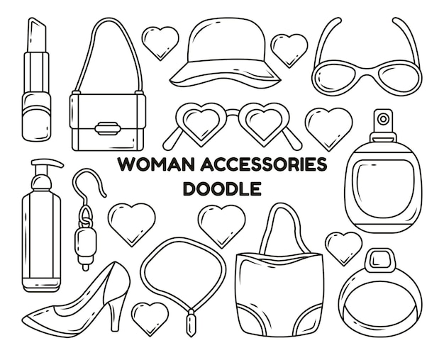 Conjunto de accesorios de mujer dibujados a mano dibujos animados estilo  doodle para colorear | Vector Premium