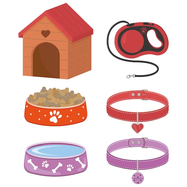 Un conjunto de accesorios para perros y gatos un puesto de cuencos con comida una correa y collares con un medallón
