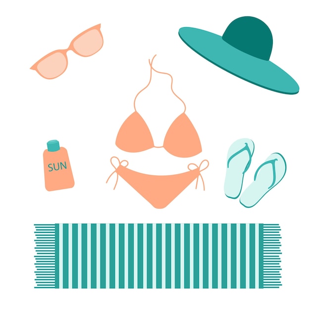 Un conjunto de accesorios de playa Sombrero toalla gafas bronceador chanclas Colorido