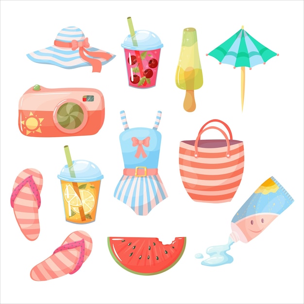 Conjunto de accesorios de verano Artículos para vacaciones o fines de semana en la playa Ilustración vectorial aislada sobre fondo blanco