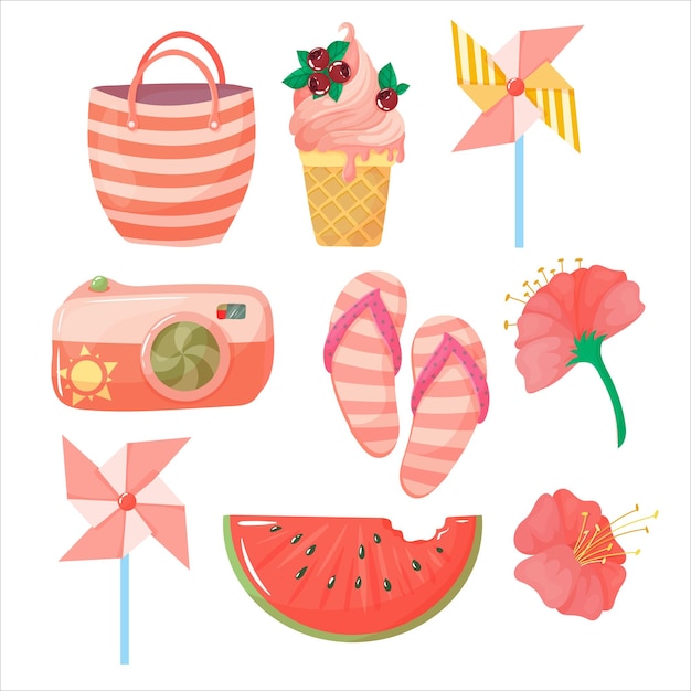 Conjunto de accesorios de verano Artículos para vacaciones o fines de semana en la playa Ilustración vectorial aislada sobre fondo blanco