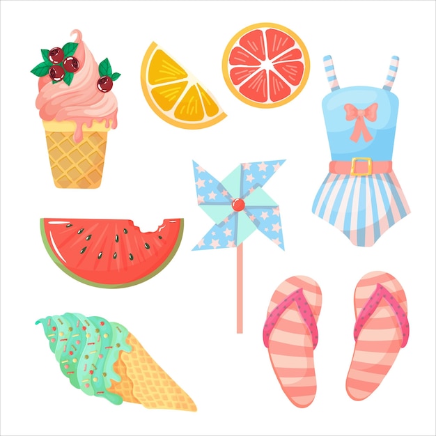 Conjunto de accesorios de verano Artículos para vacaciones o fines de semana en la playa Ilustración vectorial aislada sobre fondo blanco