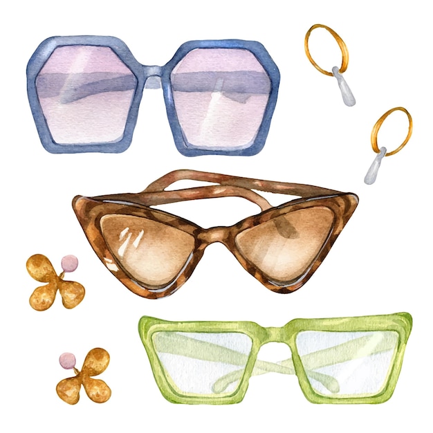 Conjunto de accesorios de verano para mujer ilustración acuarela aislado en blanco Gafas de sol estilo playa