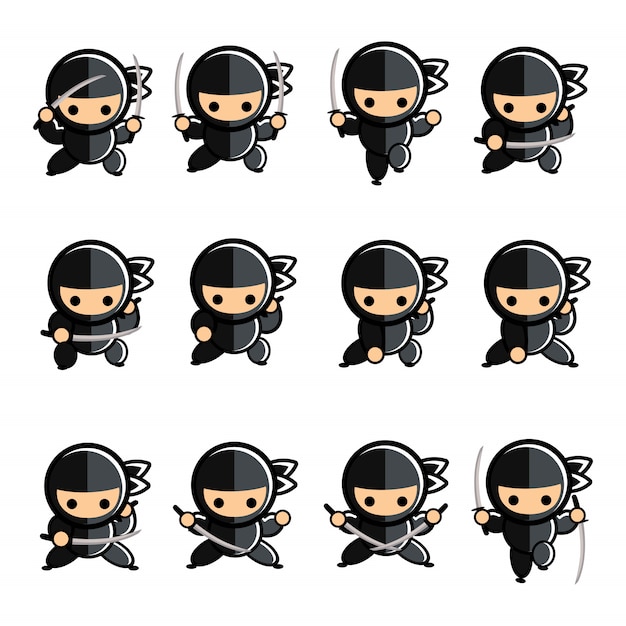 Conjunto de acción ninja negro de dibujos animados