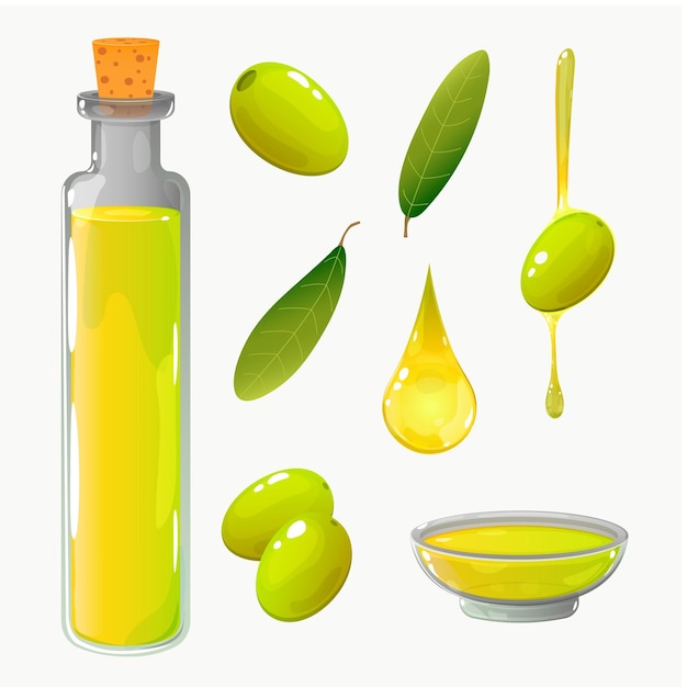 Conjunto de aceite de oliva y aceitunas de dibujos animados sobre un fondo blanco botellas cuencos ramas vector