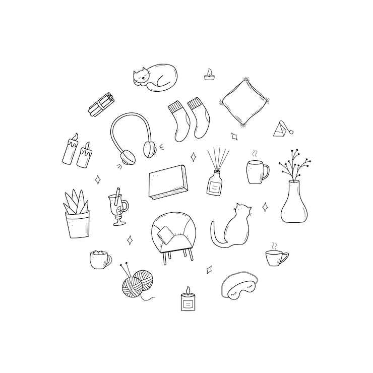 Vector conjunto acogedor de iconos de dibujos animados de doodle elementos de ilustración vectorial de accesorios para el hogar comodidad y vida cotidiana
