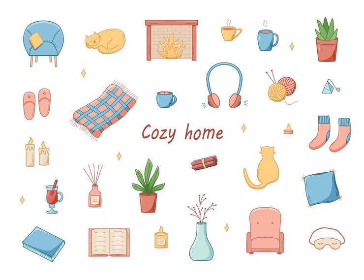 Vector conjunto acogedor de iconos de dibujos animados de doodle elementos de ilustración vectorial de accesorios para el hogar comodidad y vida cotidiana