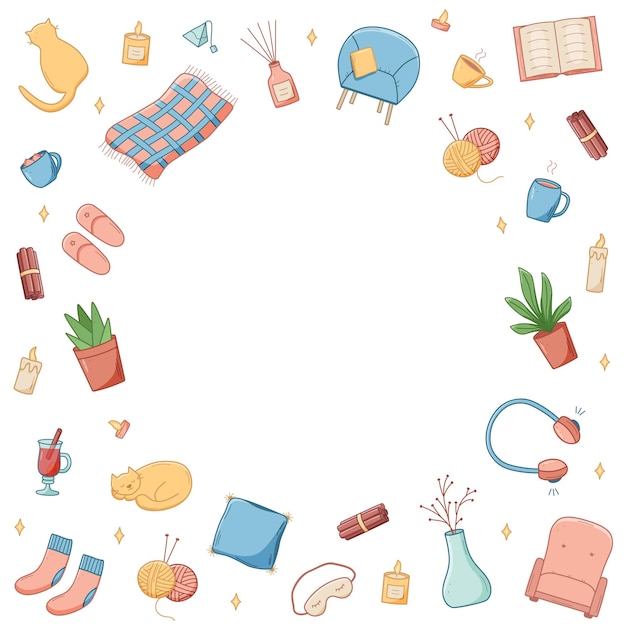 Conjunto acogedor de iconos de dibujos animados de doodle elementos de ilustración vectorial de accesorios para el hogar comodidad y vida cotidiana