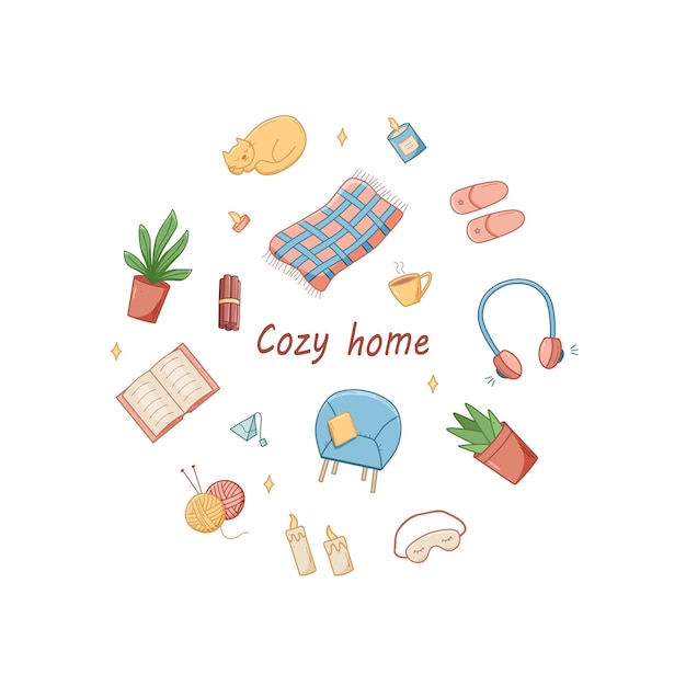 Conjunto acogedor de iconos de dibujos animados de doodle elementos de ilustración vectorial de accesorios para el hogar comodidad