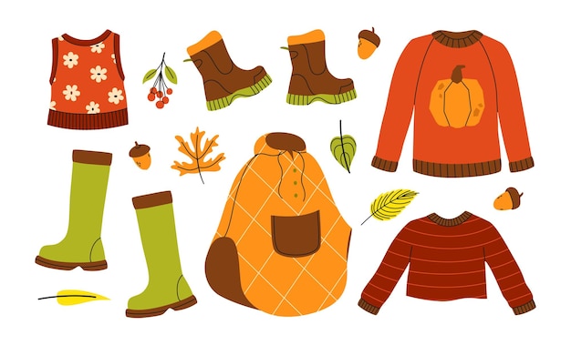 Conjunto acogedor de otoño con suéter y botas de goma Ilustración vectorial Colección de temporada colorida