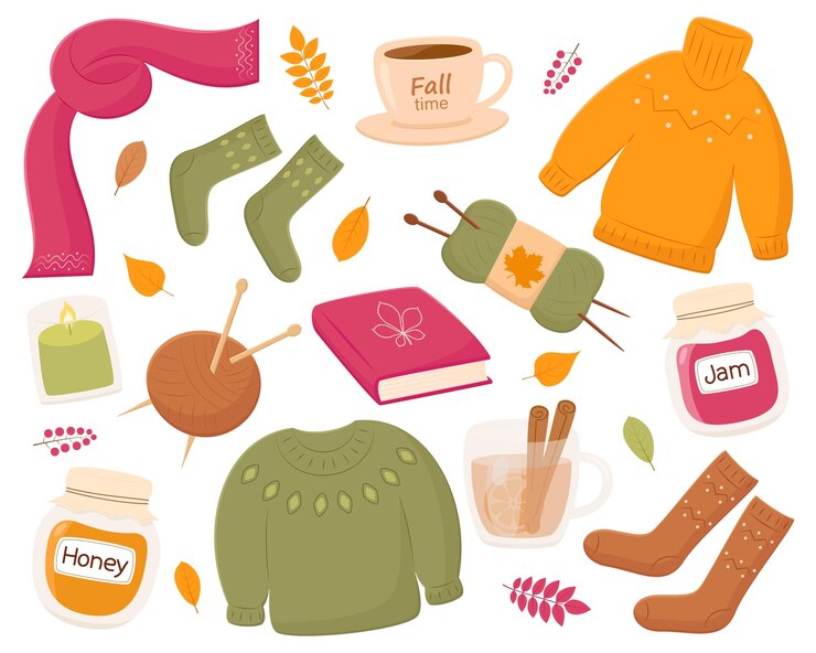Vector conjunto de acogedores elementos otoñales sobre fondo blanco acogedor clipart otoñal elementos vectoriales aislados