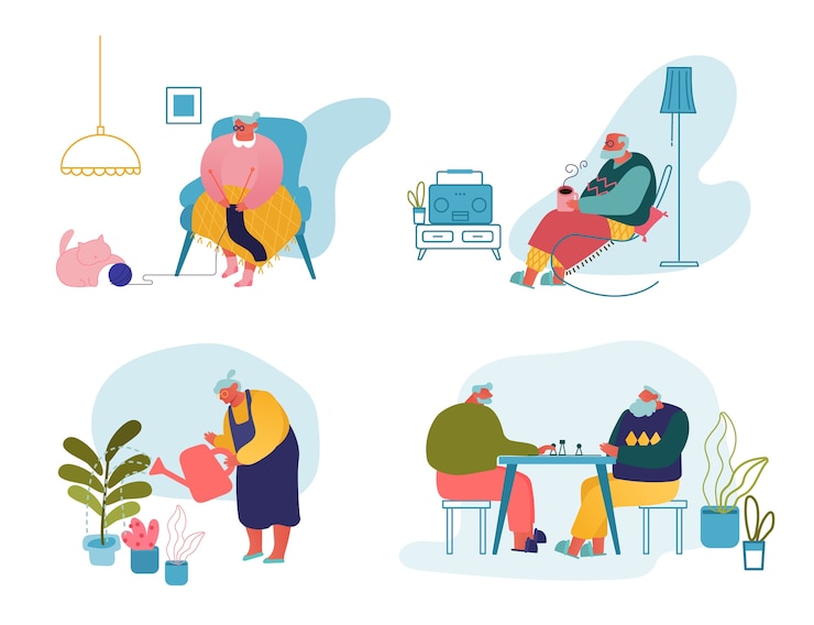 Vector conjunto de actividad de personas mayores y tiempo libre.
