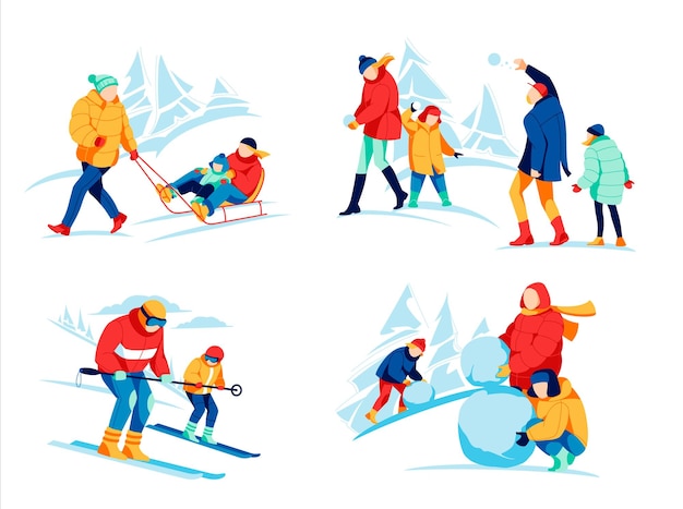 Vector conjunto de actividades familiares de invierno felices padres e hijos haciendo muñecos de nieve esquiando en trineo y jugando bolas de nieve juntos gente divirtiéndose en vacaciones de invierno resort de montaña ilustración vectorial de dibujos animados